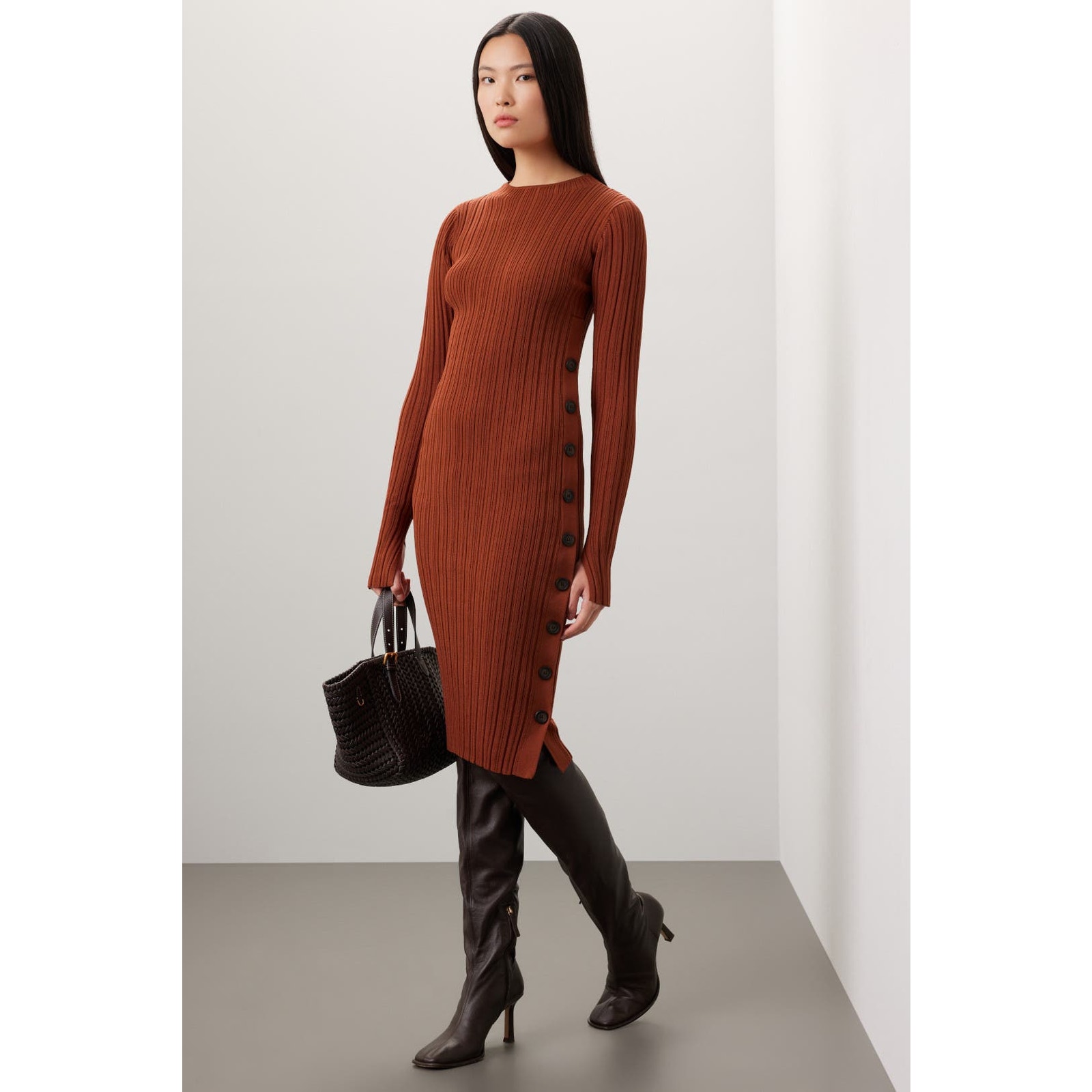 Adam Lippes Side Button Midi Dress Ribbed Sweater Brown Long Split Sleeve Sz Xs